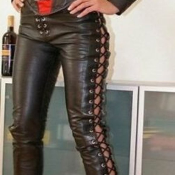 Women Genuine Leather Leggings Lace Up Pants - Picture 1 of 2